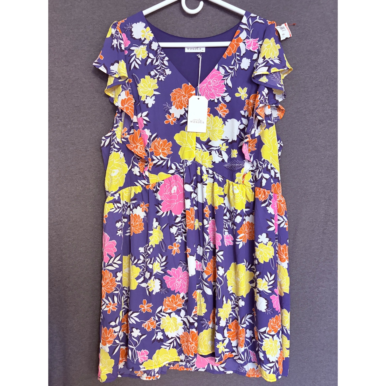 New Wonder Print V Neck Flutter Sleeve Purple Bold Floral Dress 1x Vibrant